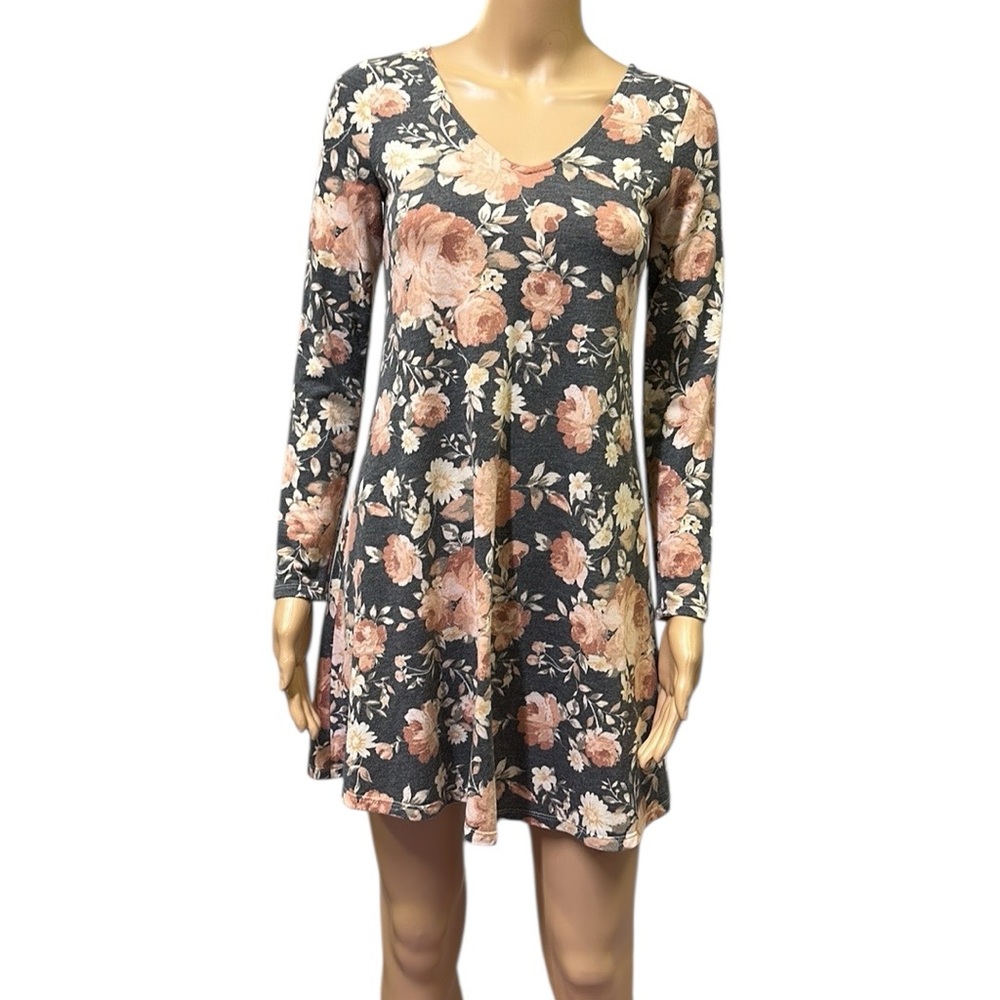 Gray Floral Print Ribbon Lace Up Back Long Sleeve V Neck Mini Dress Womens Small